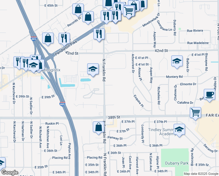 map of restaurants, bars, coffee shops, grocery stores, and more near 3935 North Franklin Road in Indianapolis