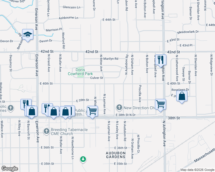 map of restaurants, bars, coffee shops, grocery stores, and more near 5530 East 40th Street in Indianapolis