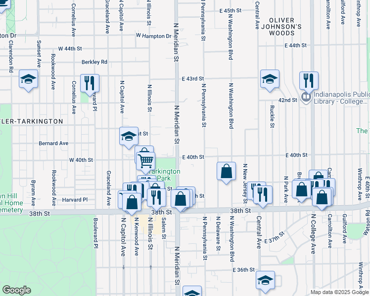 map of restaurants, bars, coffee shops, grocery stores, and more near 4044 North Pennsylvania Street in Indianapolis
