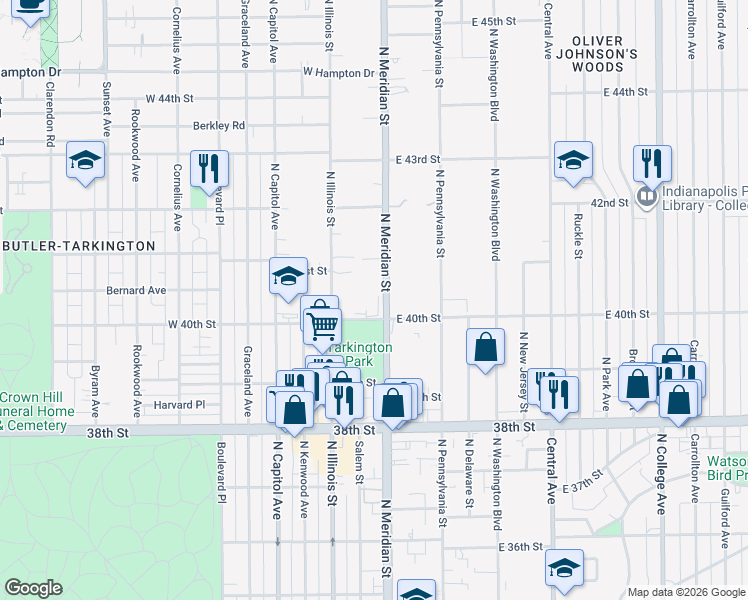 map of restaurants, bars, coffee shops, grocery stores, and more near 4045 North Meridian Street in Indianapolis