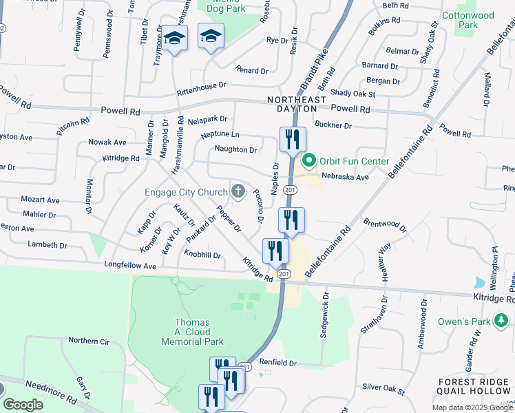 map of restaurants, bars, coffee shops, grocery stores, and more near 5201 Pocono Drive in Dayton