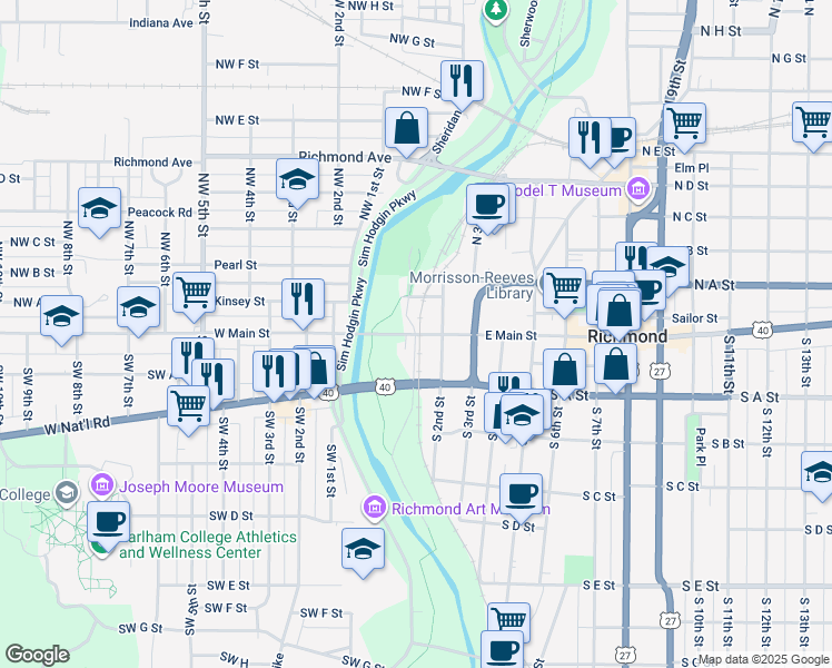 map of restaurants, bars, coffee shops, grocery stores, and more near 100 East Main Street in Richmond