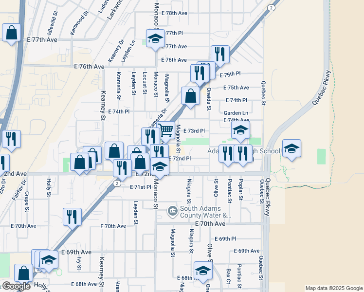 map of restaurants, bars, coffee shops, grocery stores, and more near 7326 Magnolia Street in Commerce City