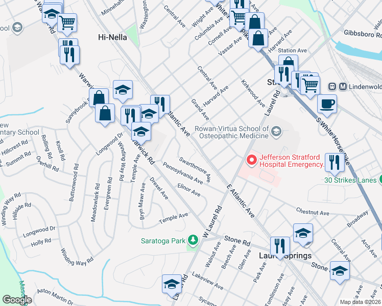 map of restaurants, bars, coffee shops, grocery stores, and more near 2 West Atlantic Avenue in Stratford