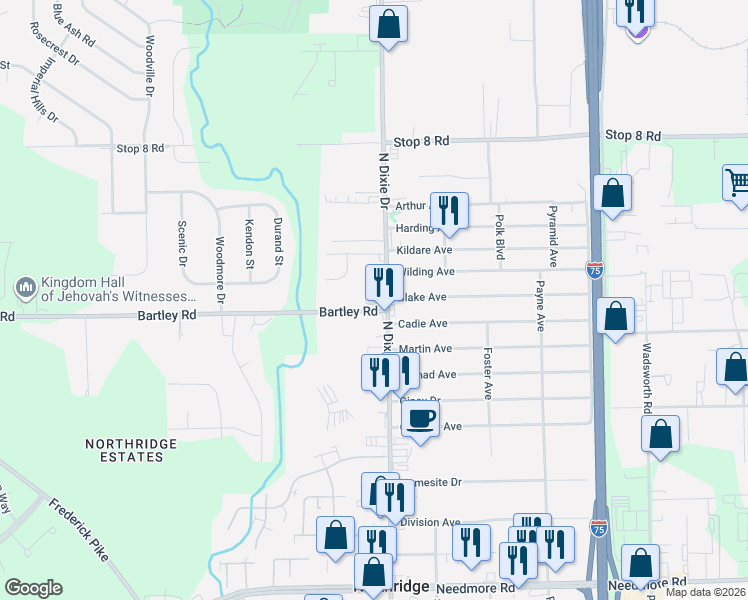 map of restaurants, bars, coffee shops, grocery stores, and more near 1909 Bartley Road in Dayton