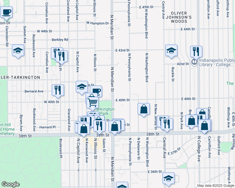 map of restaurants, bars, coffee shops, grocery stores, and more near 4044 North Pennsylvania Street in Indianapolis