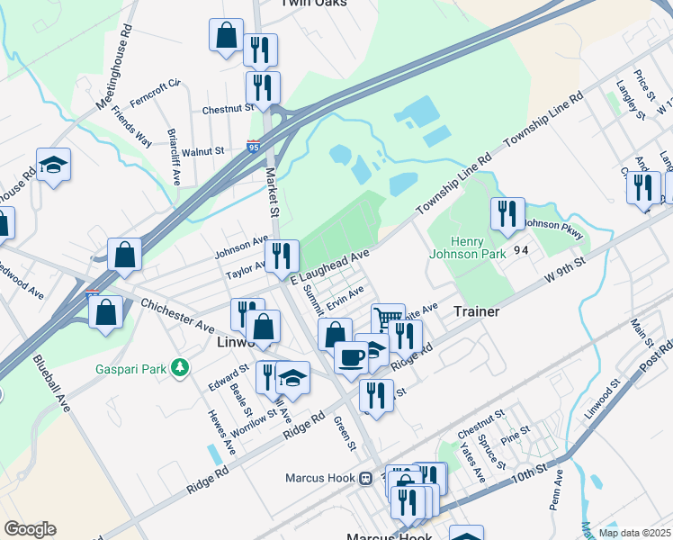 map of restaurants, bars, coffee shops, grocery stores, and more near 141 East Laughead Avenue in Linwood