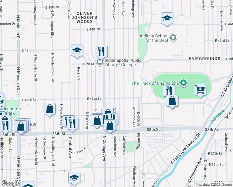 map of restaurants, bars, coffee shops, grocery stores, and more near 4027 Carrollton Avenue in Indianapolis