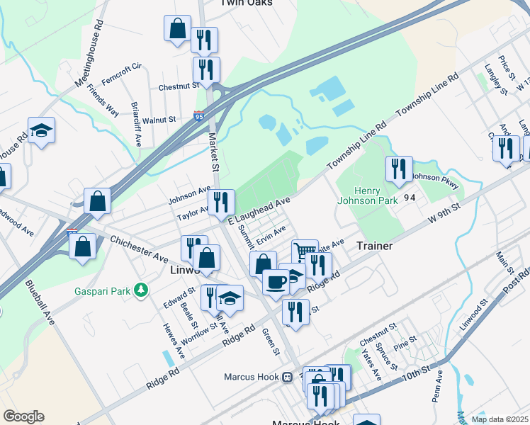 map of restaurants, bars, coffee shops, grocery stores, and more near 141 East Laughead Avenue in Linwood