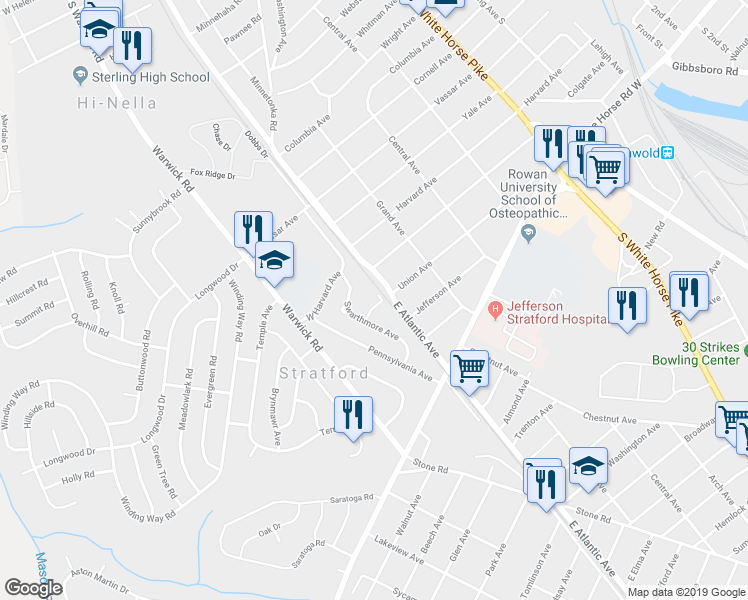map of restaurants, bars, coffee shops, grocery stores, and more near 2 West Atlantic Avenue in Stratford
