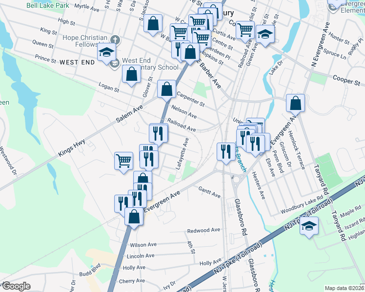map of restaurants, bars, coffee shops, grocery stores, and more near 519 Lafayette Avenue in Woodbury