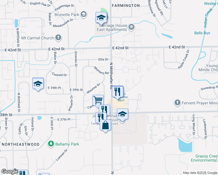map of restaurants, bars, coffee shops, grocery stores, and more near 3919 Delmont Drive in Indianapolis