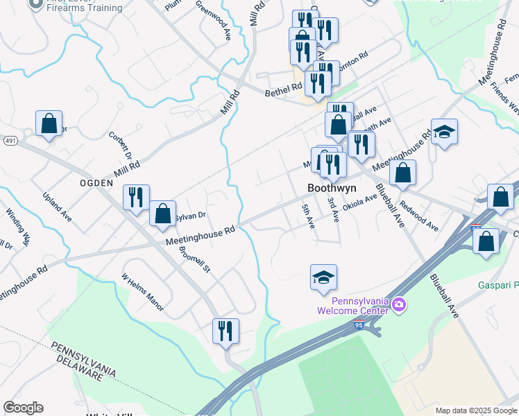 map of restaurants, bars, coffee shops, grocery stores, and more near 1932 Meetinghouse Road in Boothwyn