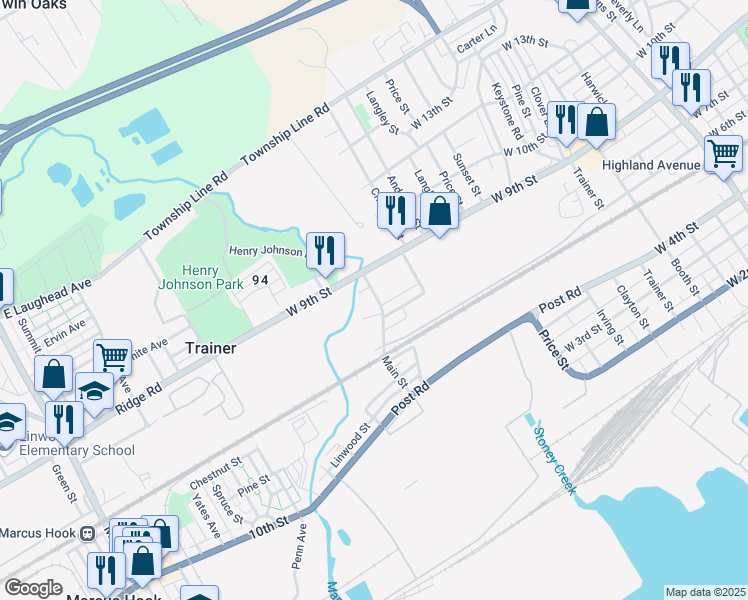 map of restaurants, bars, coffee shops, grocery stores, and more near 802 Main Street in Trainer