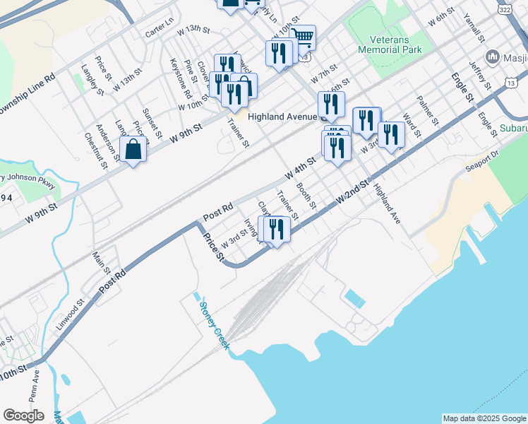 map of restaurants, bars, coffee shops, grocery stores, and more near 3222 West 3rd Street in Chester