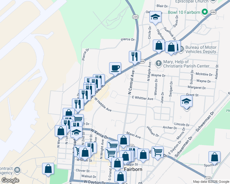 map of restaurants, bars, coffee shops, grocery stores, and more near 560 North Broad Street in Fairborn