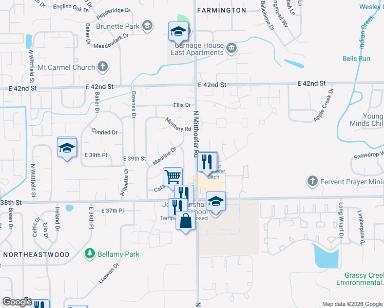 map of restaurants, bars, coffee shops, grocery stores, and more near 3919 Delmont Drive in Indianapolis