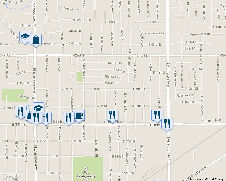 map of restaurants, bars, coffee shops, grocery stores, and more near 5530 East 40th Street in Indianapolis