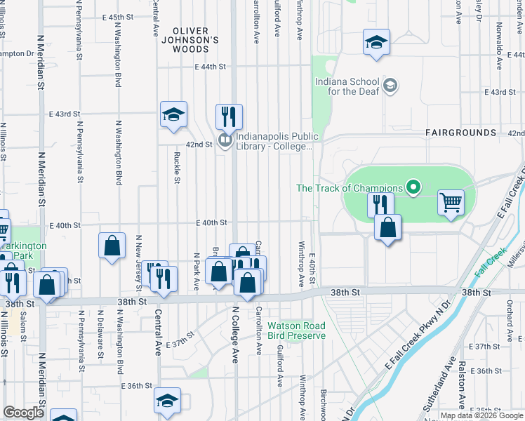 map of restaurants, bars, coffee shops, grocery stores, and more near 4027 Carrollton Avenue in Indianapolis