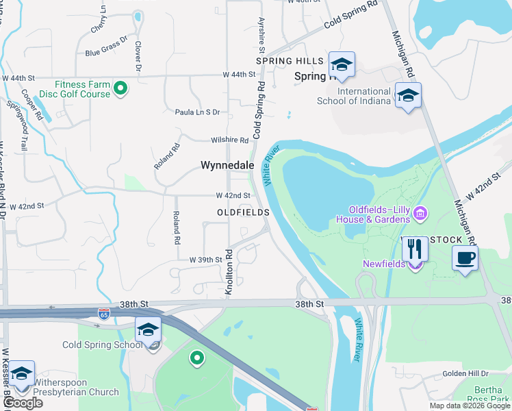 map of restaurants, bars, coffee shops, grocery stores, and more near 2016 Oldfields Circle North Drive in Indianapolis