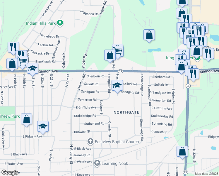 map of restaurants, bars, coffee shops, grocery stores, and more near 2501 Cob Street in Springfield