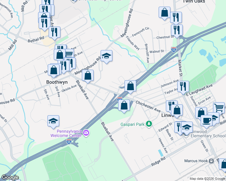 map of restaurants, bars, coffee shops, grocery stores, and more near 2063 Chichester Avenue in Boothwyn