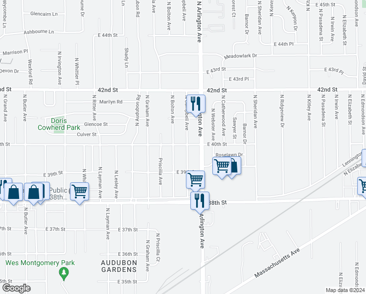 map of restaurants, bars, coffee shops, grocery stores, and more near 3956 Campbell Avenue in Indianapolis