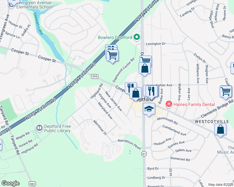 map of restaurants, bars, coffee shops, grocery stores, and more near 867 Cooper Street in Woodbury