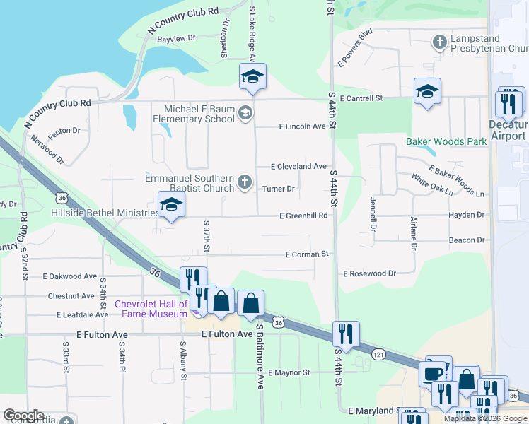 map of restaurants, bars, coffee shops, grocery stores, and more near 4034 East Greenhill Road in Decatur