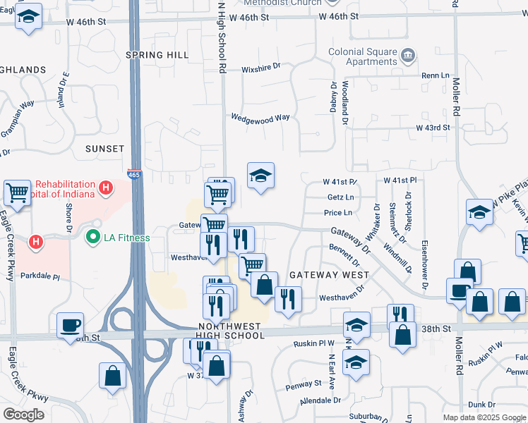 map of restaurants, bars, coffee shops, grocery stores, and more near 6150 Gateway Drive in Indianapolis