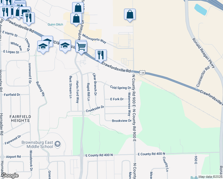 map of restaurants, bars, coffee shops, grocery stores, and more near 1625 Cold Spring Drive in Brownsburg