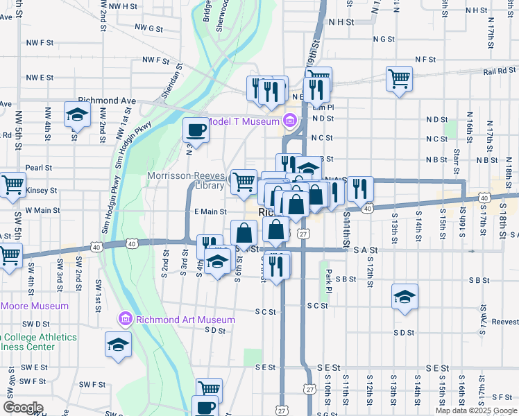 map of restaurants, bars, coffee shops, grocery stores, and more near Sailor Street in Richmond