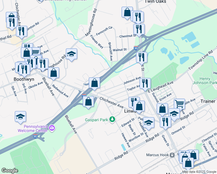 map of restaurants, bars, coffee shops, grocery stores, and more near 628 Johnson Avenue in Boothwyn