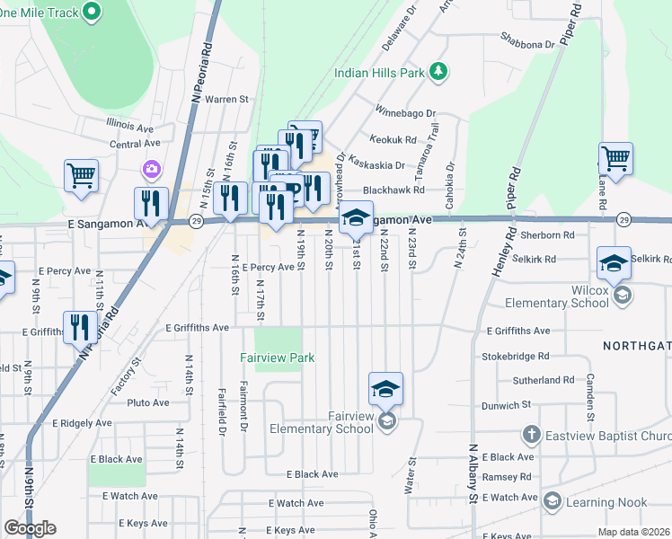 map of restaurants, bars, coffee shops, grocery stores, and more near 2100 North 21st Street in Springfield