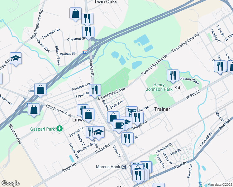 map of restaurants, bars, coffee shops, grocery stores, and more near 151 East Laughead Avenue in Linwood