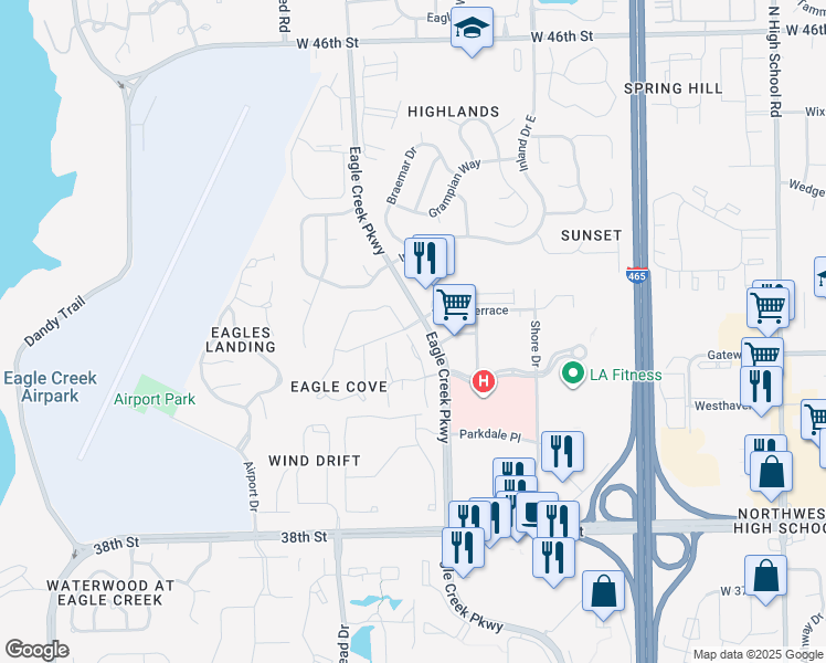 map of restaurants, bars, coffee shops, grocery stores, and more near 4125 Gamay Lane in Indianapolis
