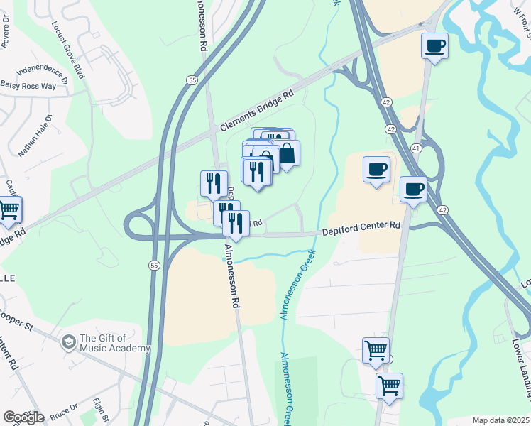 map of restaurants, bars, coffee shops, grocery stores, and more near 1750 Deptford Center Road in Woodbury