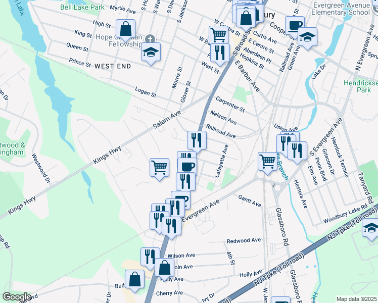 map of restaurants, bars, coffee shops, grocery stores, and more near 537 Mantua Avenue in Paulsboro