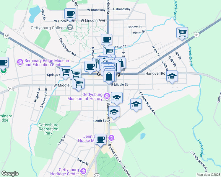 map of restaurants, bars, coffee shops, grocery stores, and more near 116 Baltimore Street in Gettysburg
