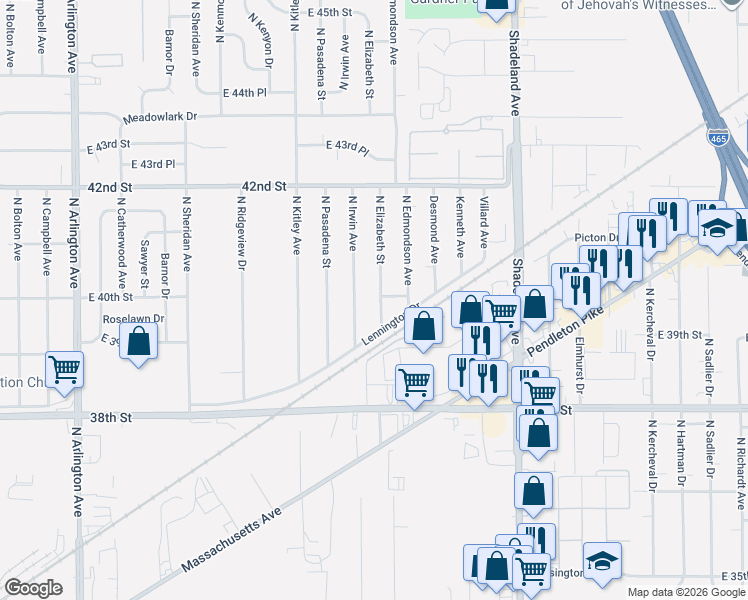 map of restaurants, bars, coffee shops, grocery stores, and more near 4002 North Elizabeth Street in Indianapolis