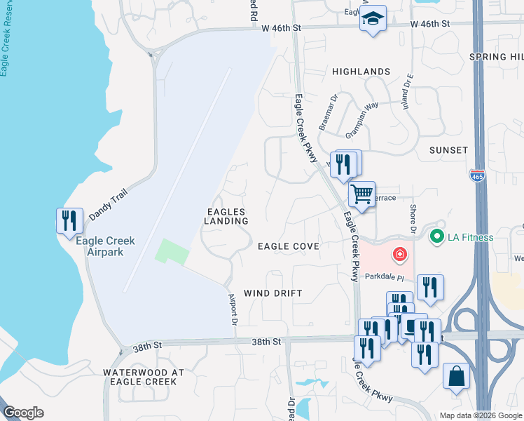 map of restaurants, bars, coffee shops, grocery stores, and more near 4128 Eagle Lake Drive in Indianapolis