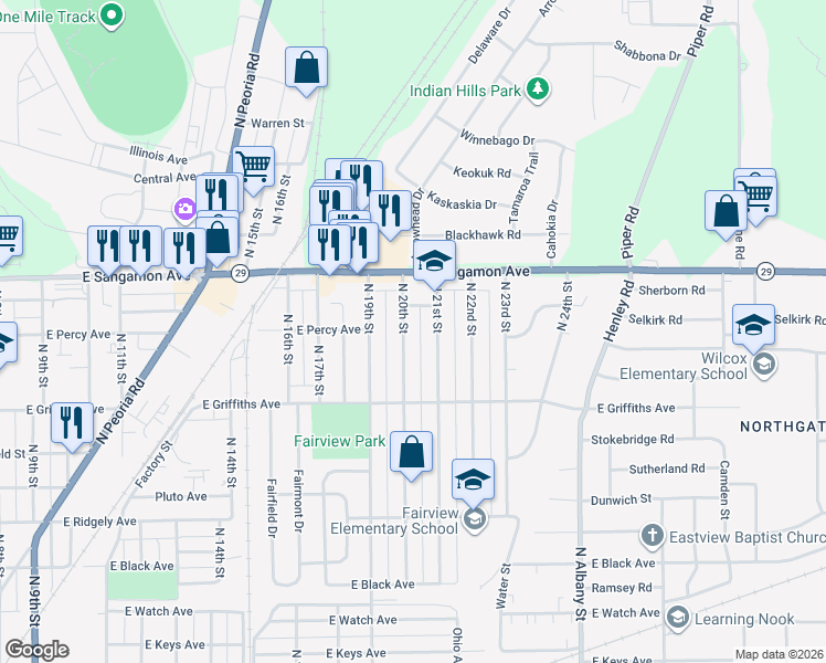 map of restaurants, bars, coffee shops, grocery stores, and more near 2100 North 21st Street in Springfield