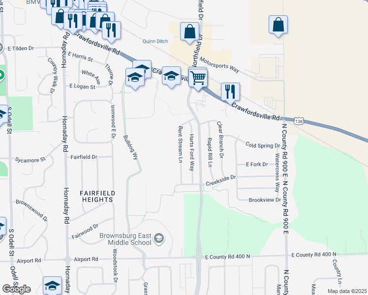 map of restaurants, bars, coffee shops, grocery stores, and more near 233 Bent Stream Lane in Brownsburg