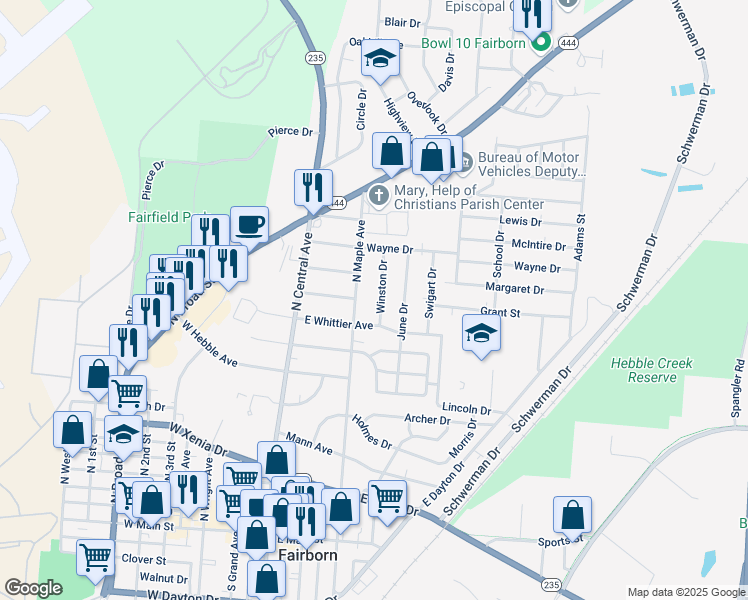 map of restaurants, bars, coffee shops, grocery stores, and more near 621 Winston Drive in Fairborn