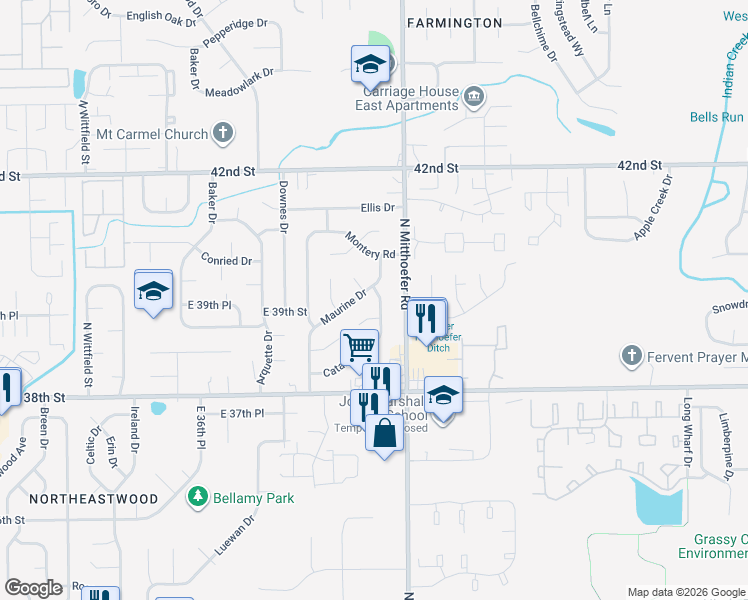 map of restaurants, bars, coffee shops, grocery stores, and more near 3919 Delmont Drive in Indianapolis