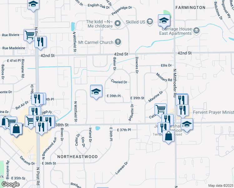 map of restaurants, bars, coffee shops, grocery stores, and more near 9608 East 39th Place in Indianapolis