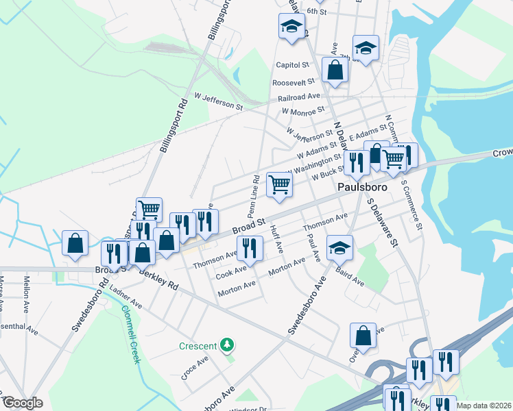 map of restaurants, bars, coffee shops, grocery stores, and more near 300 West Buck Street in Paulsboro