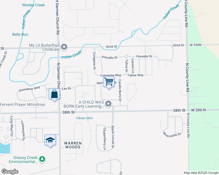 map of restaurants, bars, coffee shops, grocery stores, and more near 3952 Narrowleaf Court in Indianapolis
