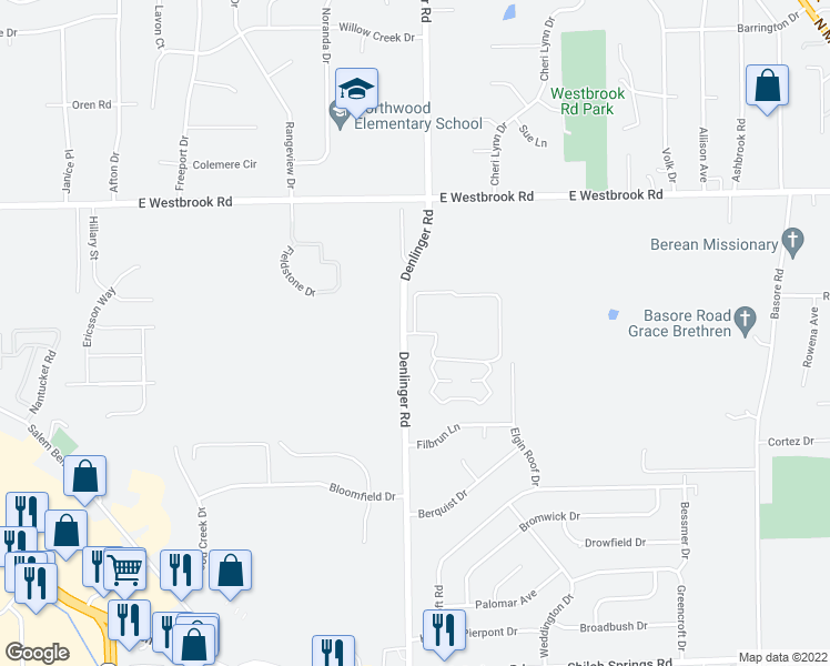 map of restaurants, bars, coffee shops, grocery stores, and more near 17 Friendship Circle in Trotwood