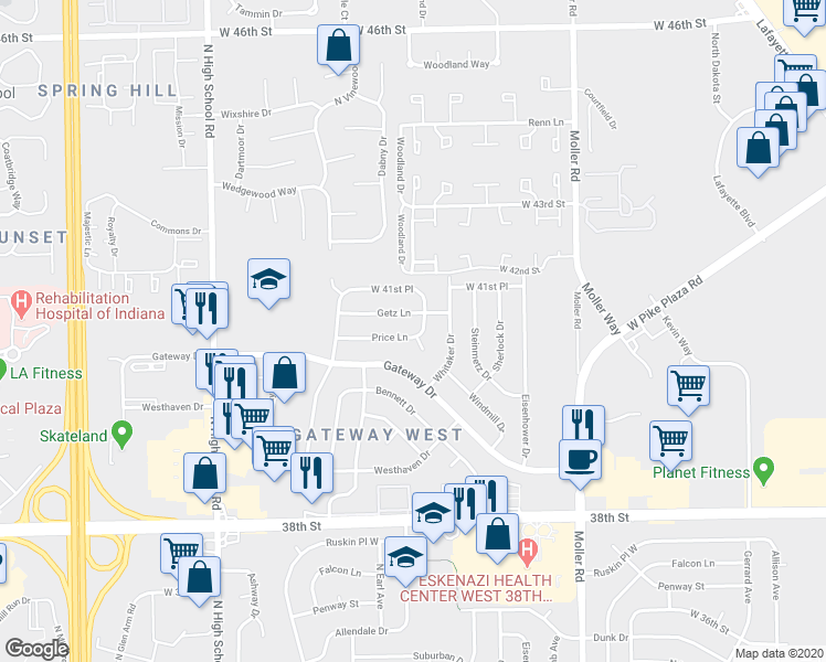 map of restaurants, bars, coffee shops, grocery stores, and more near 5826 Price Lane in Indianapolis